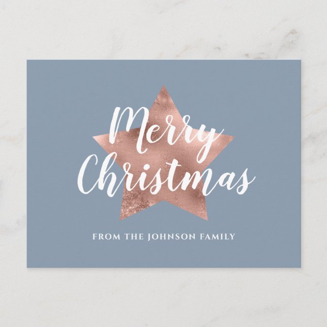 Modern Dusty Blue Rose Gold Star Frohe Weihnachten Postkarte (Vorderseite)