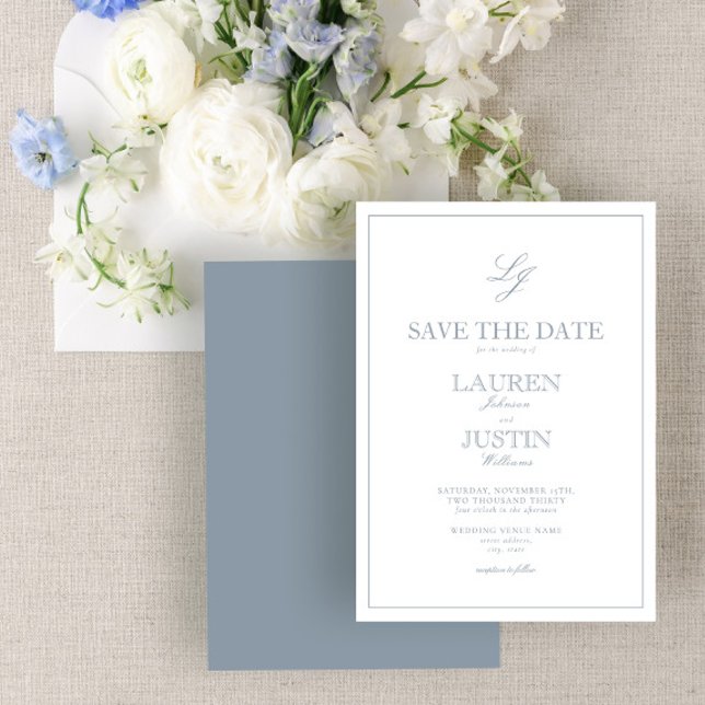 Modern Dusty Blue Script Monogram Save the Date Einladung (Von Creator hochgeladen)