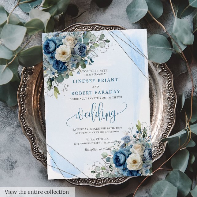 Modern Dusty Blue Silver Floral Wedding Einladung (Modern Dusty Blue Silver Floral Wedding Invitation)
