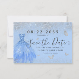 Modern Dusty Blue Silver Glitzer Gown Quinceanera Save The Date