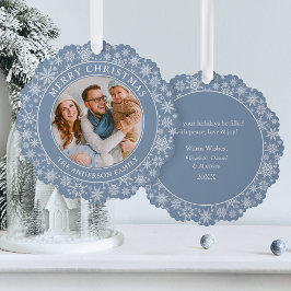 Modern Dusty Blue Snowflakes Frohe Weihnachten Fot Ornament Karte