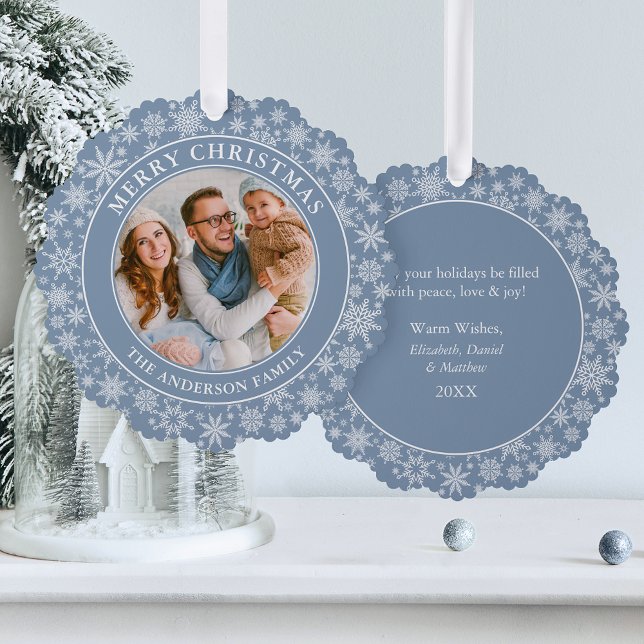 Modern Dusty Blue Snowflakes Frohe Weihnachten Fot Ornament Karte (A greeting card that is also an ornament! Customize with your photo and personalized text.)