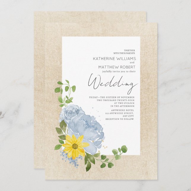 Modern Dusty Blue Sonnenblumenblume Boho Wedding Einladung (Vorne/Hinten)