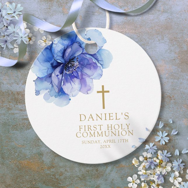 Modern Dusty Blue Watercolor Floral Heilige Kommun Geschenkanhänger (Modern Dusty Blue Watercolor Floral Holy Communion Favor Tags)