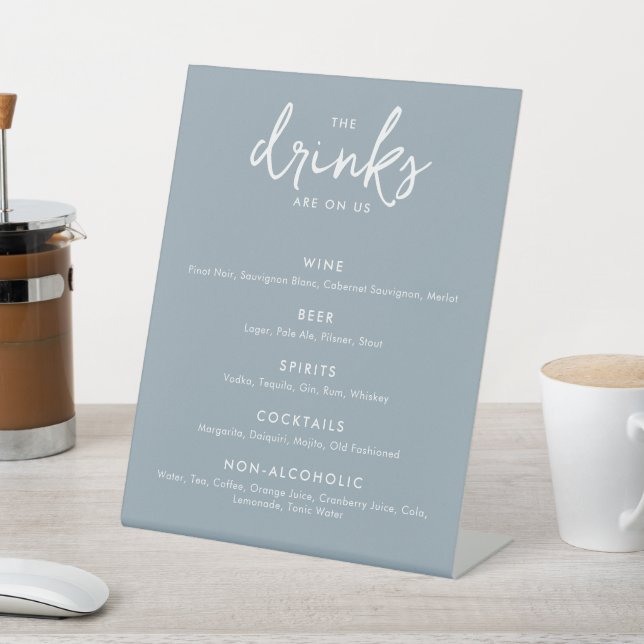 Modern Dusty Blue Wedding Bar Menu Sockelschild (In SItu)