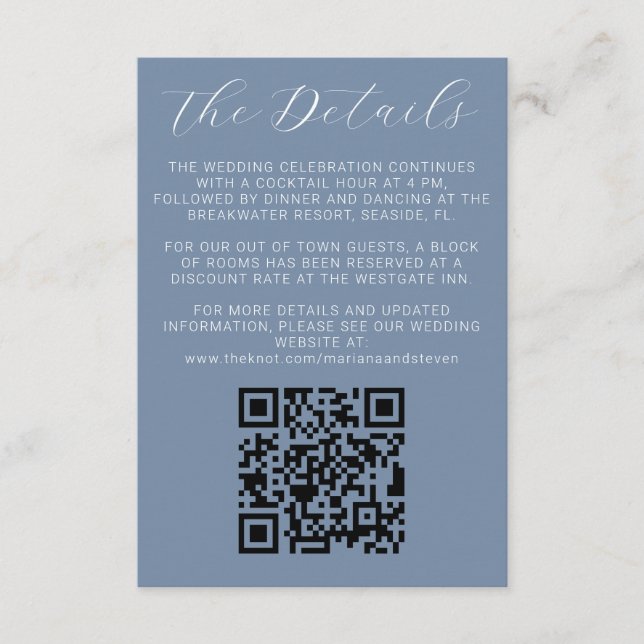 Modern Dusty Blue Wedding Einladung Details (Vorderseite)