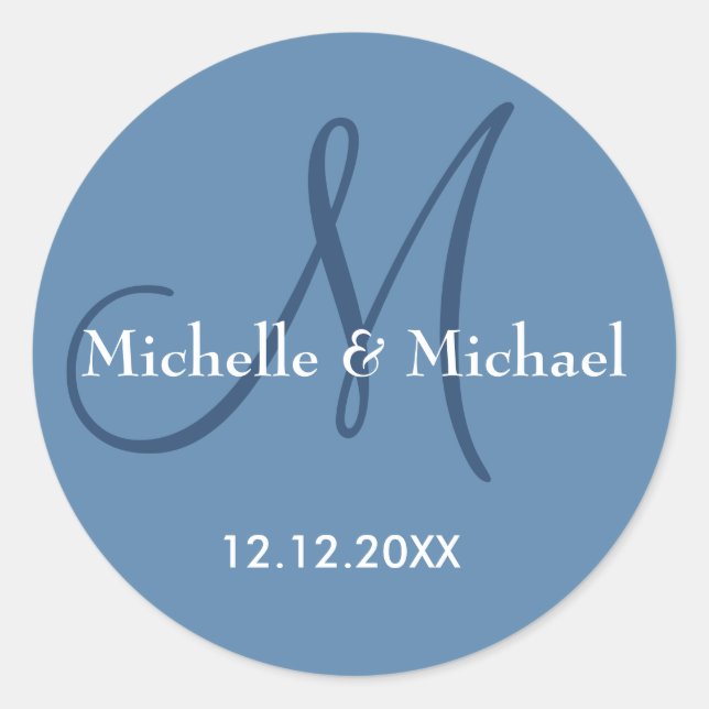 Modern Dusty Blue Wedding Monogram Name Runder Aufkleber (Vorderseite)