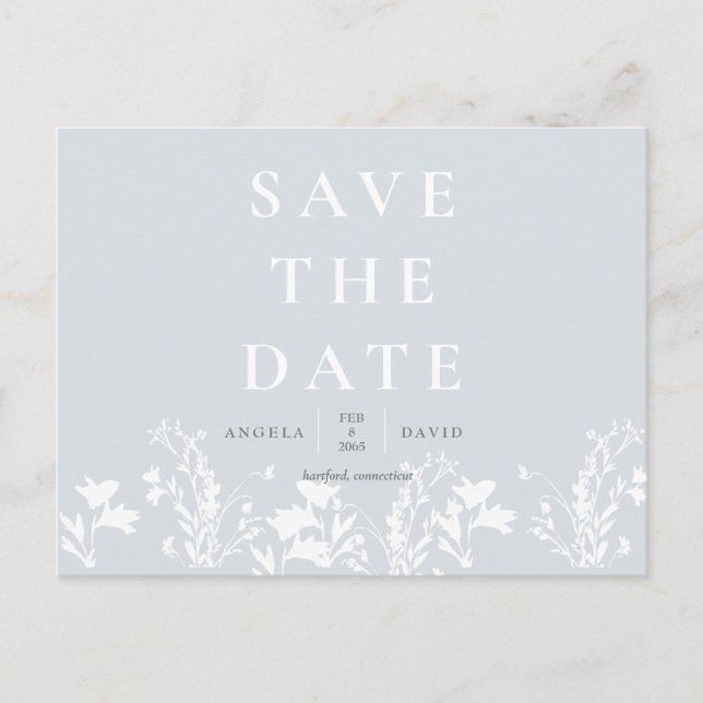 Modern Dusty Blue White Floral Save the Date Postkarte (Vorderseite)