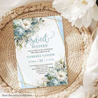 Modern Dusty Blue White Peonies Sweet 16 Einladung