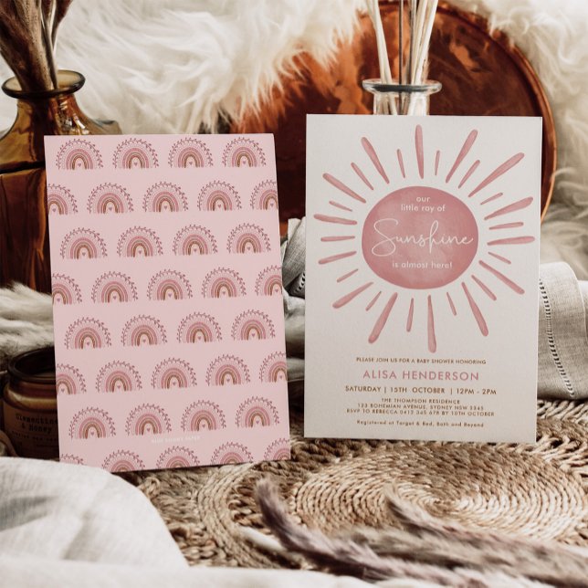 Modern Dusty Pink Boho Sunshine Girl Babydusche Einladung (Von Creator hochgeladen)