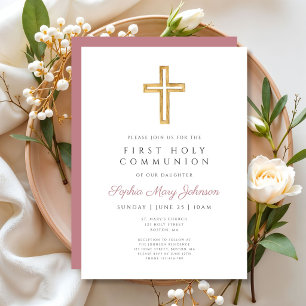 Modern Dusty Pink Religious Girl First Communion Einladung