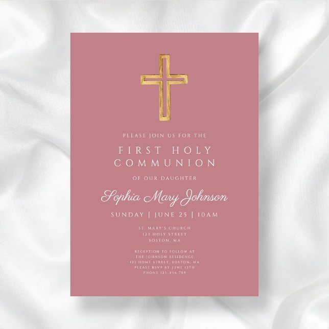 Modern Dusty Pink Religious Girl First Communion Einladung (Modern Dusty Pink Religious Girl First Communion Invitation)