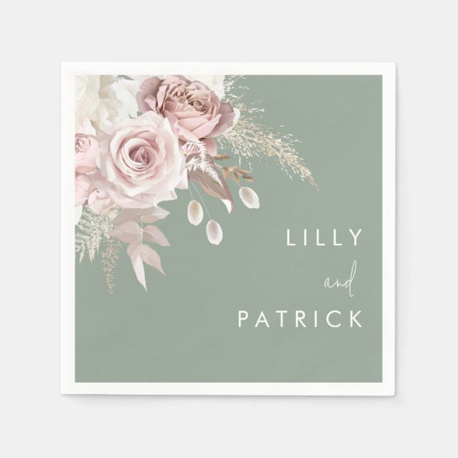 Modern Dusty Rose Blush & Sage Wedding Serviette (Vorderseite)