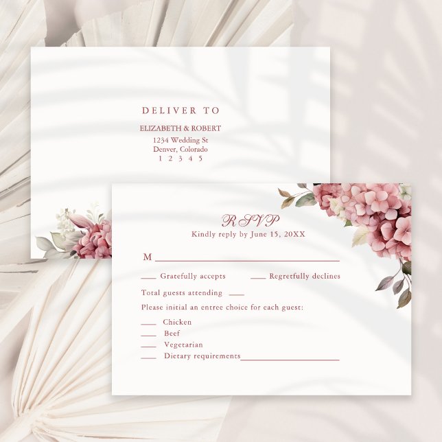 Modern Dusty Rose Hydrangea Wedding RSVP Card Dankeskarte (Modern Dusty Rose Hydrangea Wedding RSVP Card on a sunny neutral dry palm leaf.)