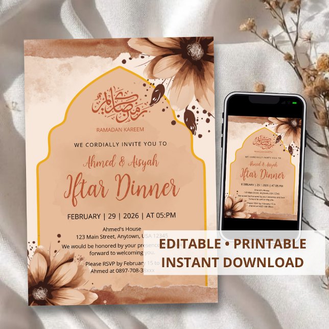 Modern Earth Tone Floral Arched Iftar Invitation Einladung (Von Creator hochgeladen)
