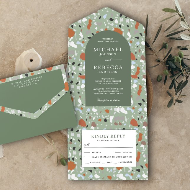 Modern Earthy Sage Green Terrazzo Tile Hochzeit All In One Einladung (Von Creator hochgeladen)