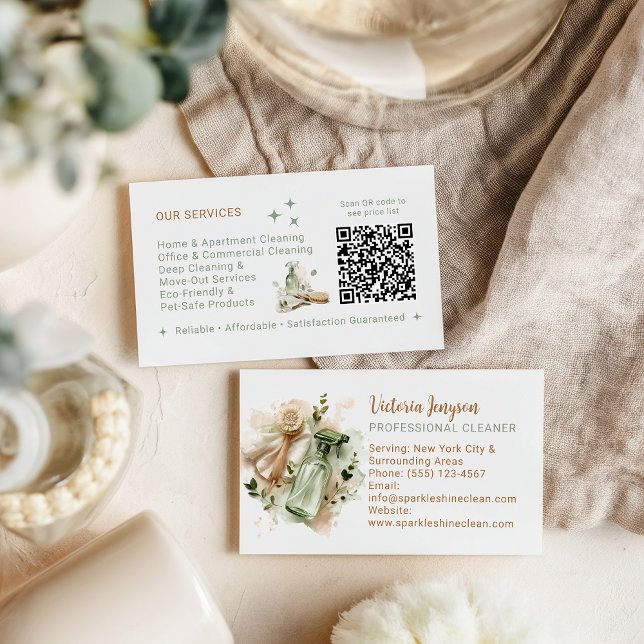 Modern Eco Cleaner Housekeeping QR Code Minimal Visitenkarte (Modern Eco Cleaner Housekeeping QR Code Minimal Business Card)