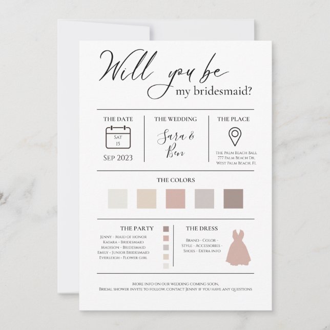 Modern Editable Color Bridesmaid Vorschlag Info Ca Einladung (Vorderseite)