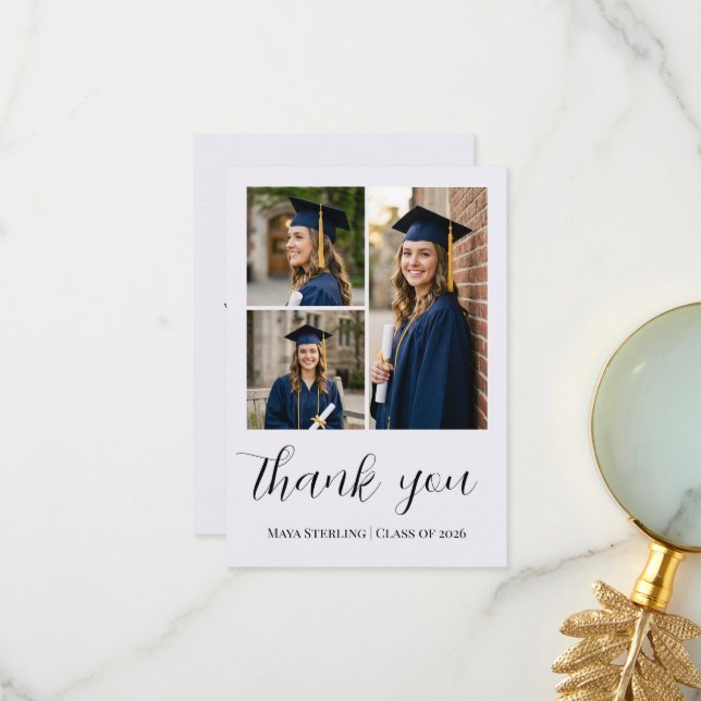 Modern Editorial Script Multi-Photo Graduation Dankeskarte (Vorderseite/Rückseite Beispiel)