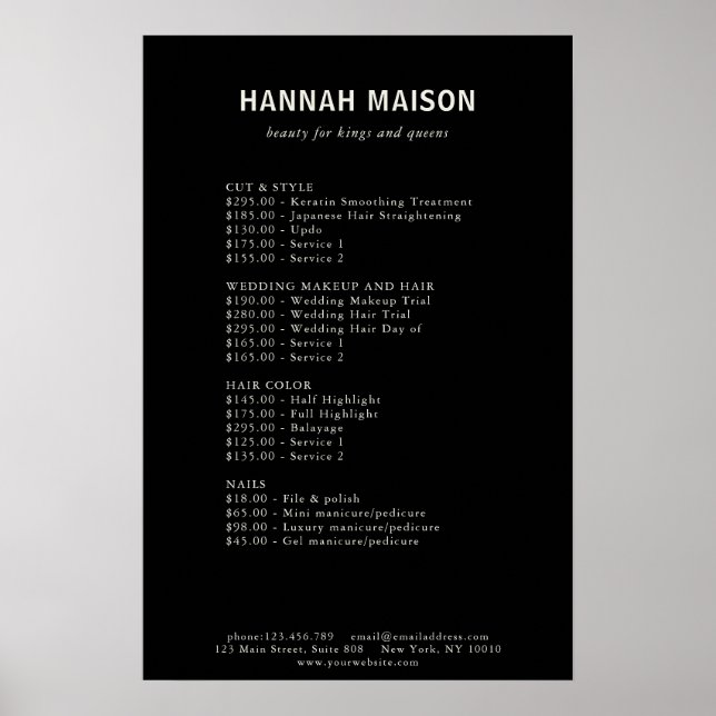 Modern, einfach, Beruflich, Salon, Preisliste Poster (Vorne)