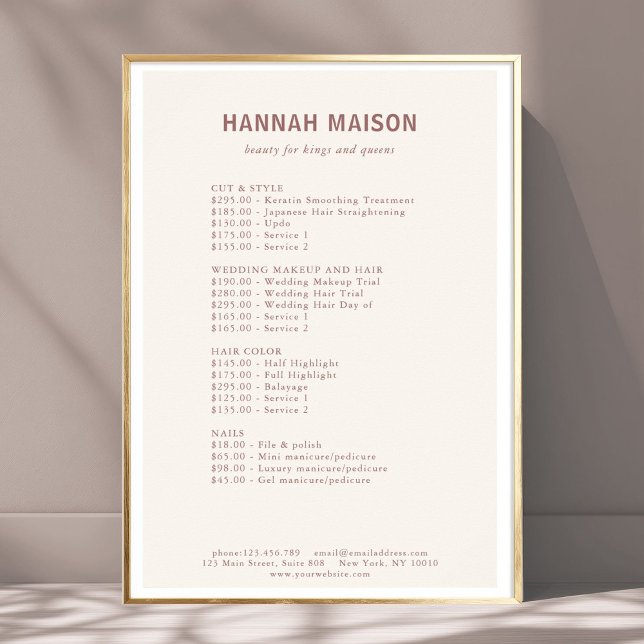 Modern, einfach, Beruflich, Salon, Preisliste Poster (Modern Simpel, Professional,  Beige & Brown , Salon, Price List Poster)