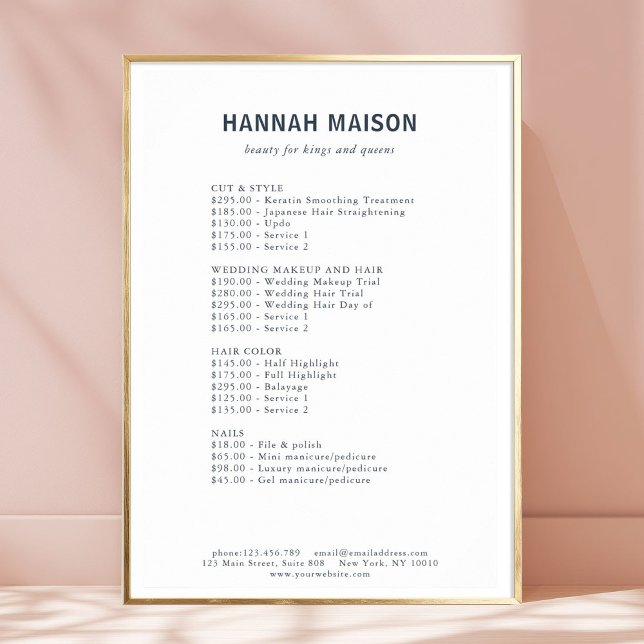 Modern, einfach, Beruflich, Salon, Preisliste Poster (Modern Simpel, Professional, White & Blue, Salon, Price List Poster)