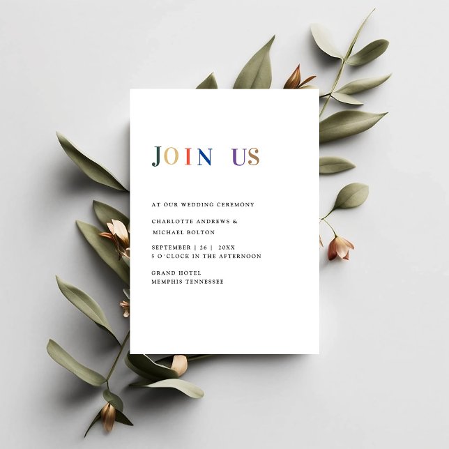 Modern, einfach, frisch Hochzeit Einladung (Minimal, modern, white, wedding invitation card with colorful typography. 
)