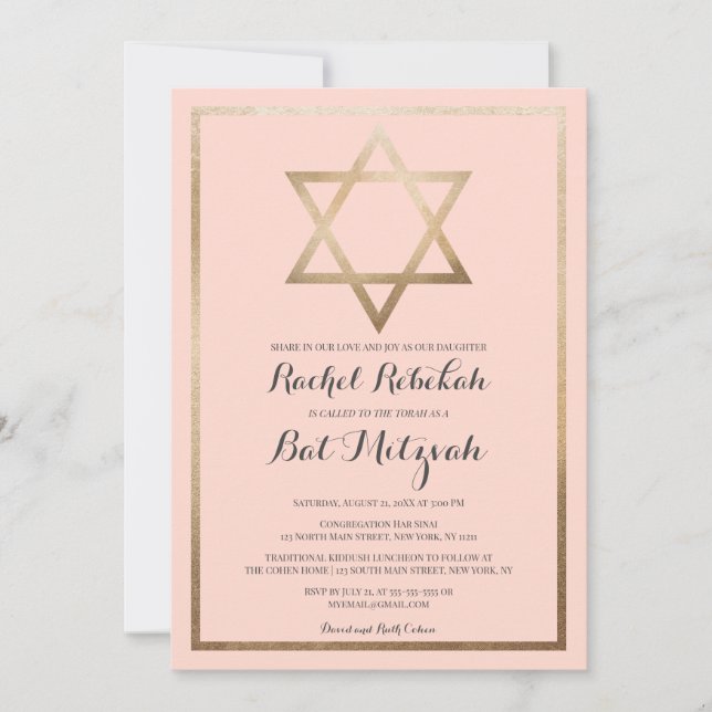 Modern einfaches rosa Gold Star Border Bat Mitzvah Einladung (Vorderseite)
