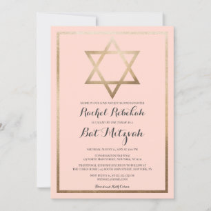 Modern einfaches rosa Gold Star Border Bat Mitzvah Einladung