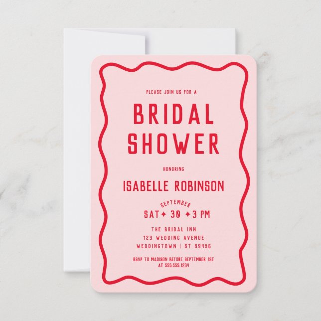 Modern einfaches rosa Rotes Squiggle Wavy Brautpar Einladung (Vorderseite)