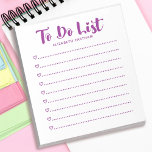Modern einfaches Skript zum Auflisten von Notepad Notizblock<br><div class="desc">Ein einfaches und modernes lila-weißes Notizblock mit den Begriffen "to do list" in einem Script-Schriftart. Personalisieren Sie es mit Ihrem Namen. Macht Spaß für Valentinstag,  Geburtstage oder jede Gelegenheit! Entworfen für Sie von BlackBerry Boulevard.</div>