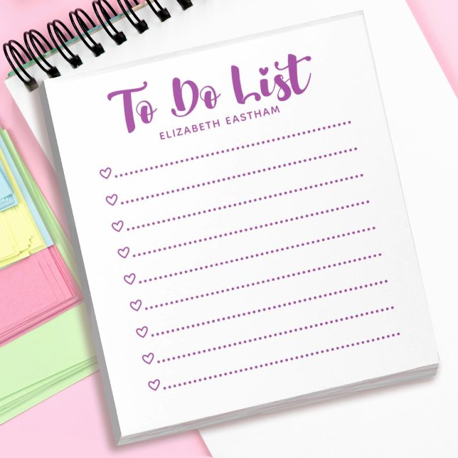 Modern einfaches Skript zum Auflisten von Notepad Notizblock (A purple girly to do list. Personalize it with your name. Makes a great gift for a friend.)