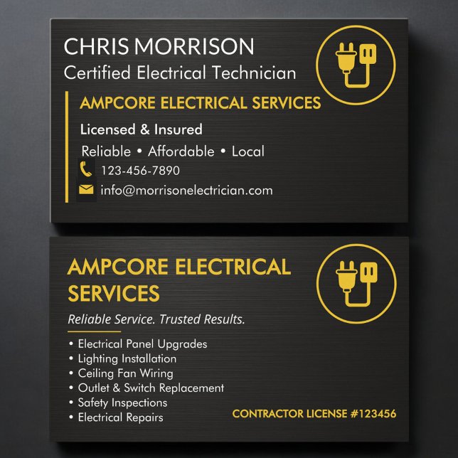Modern Electrician Branding Black Yellow Metallic Visitenkarte (Von Creator hochgeladen)