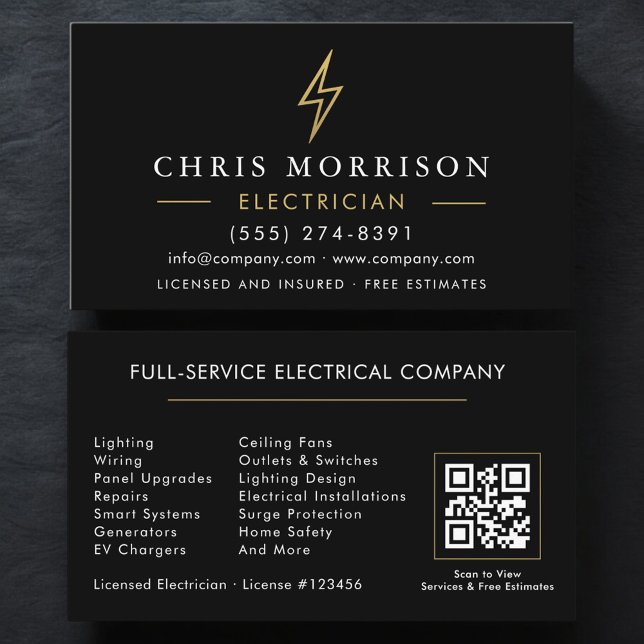 Modern Electrician QR Code Black Gold Minimal Visitenkarte (Von Creator hochgeladen)