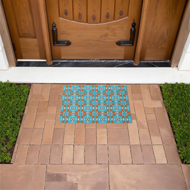 Modern Elegance Blue Orange White Azulejos Tile Fußmatte (Außenbereich)