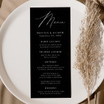 Modern Elegance Speckled Black and White Wedding Menükarte<br><div class="desc">Simple and elegant wedding menu featuring "Menu" displayed in a modern white script with a black background with subtle white specks. Personalize the black wedding menu by adding your names,  wedding date,  and menu information. Designed to coordinate with our Modern Elegance wedding collection.</div>