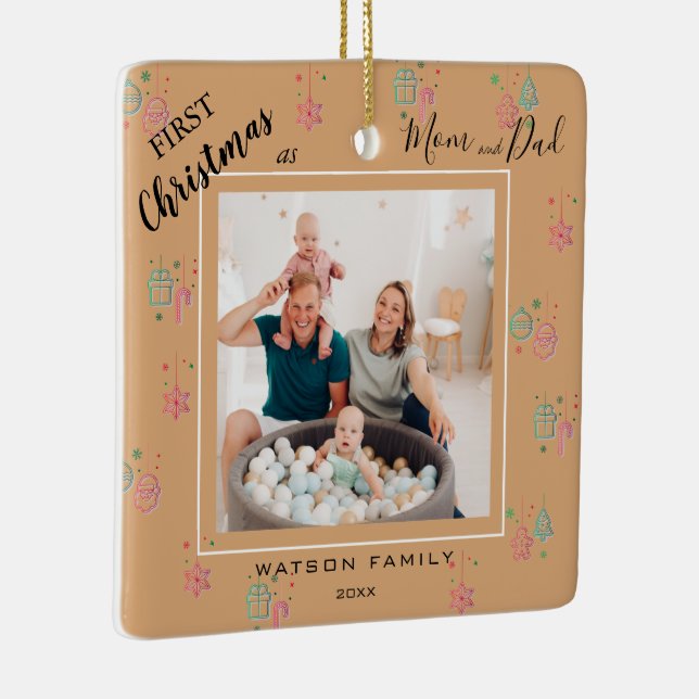 Modern elegant 2 Foto Collage Erster Weihnachtsfei Keramikornament (Rechts)