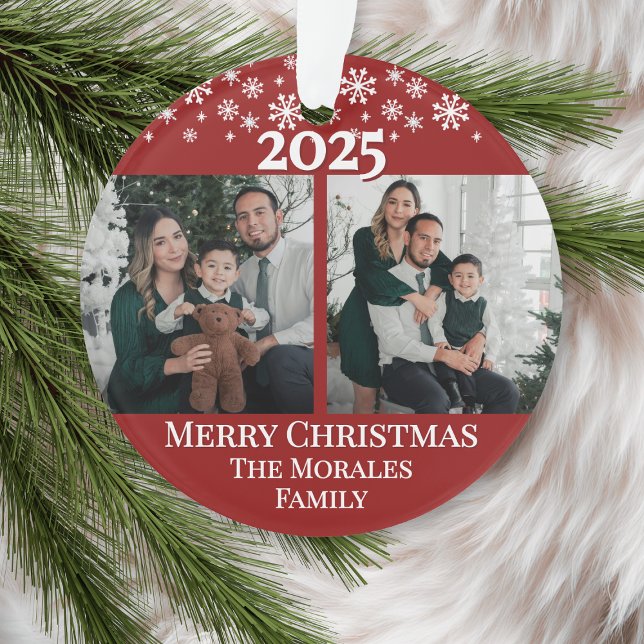 Modern Elegant 2 Photo Red Keepsake Family Ornament (modern elegant 2 photo keepsake family 2 sided custom ornament for parents grandparents )