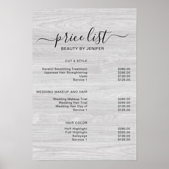 Modern Elegant Beauty Salon Preisliste Poster (Vorne)