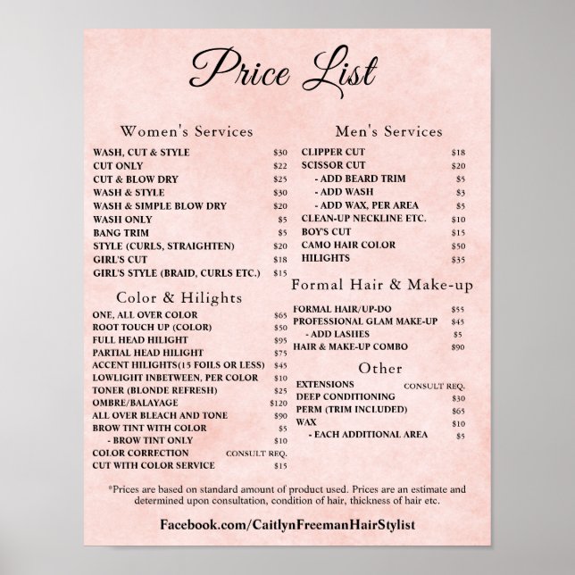Modern Elegant Beauty Salon Price List Poster (Vorne)