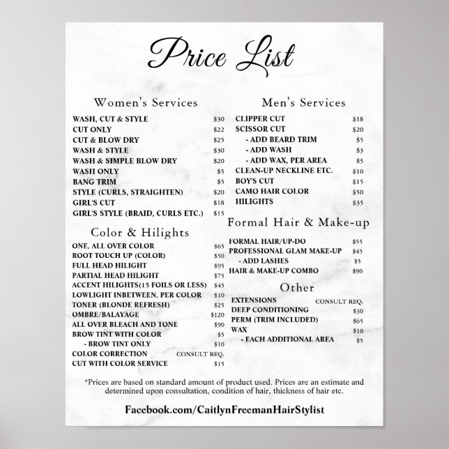 Modern Elegant Beauty Salon Price List Poster (Vorne)