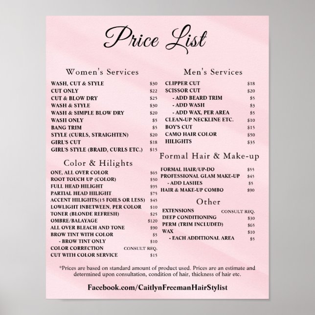 Modern Elegant Beauty Salon Price List Poster (Vorne)