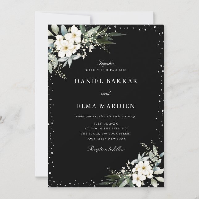 Modern Elegant Black Boho Floral Wedding  Einladung (Vorderseite)