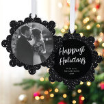 Modern Elegant Black Glitter Photo Christmas Ornament Karte<br><div class="desc">These wonderful paper ornament cards feature an elegant faux black glitter background. On the front of the card is a simple round photo shape. On the back is an EDITABLE script greeting in white with your text in a classic serif font. These ornaments make a fabulous holiday card that will...</div>