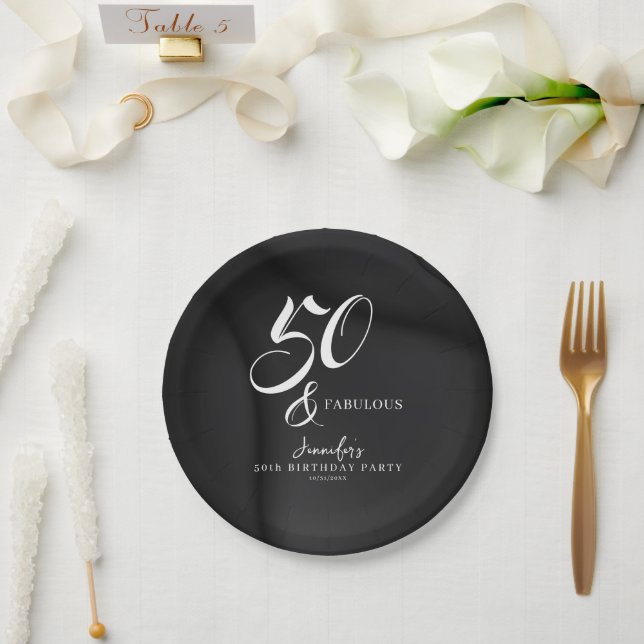 Modern Elegant Black White Fifty Fabulous Birthday Pappteller (Hochzeit)