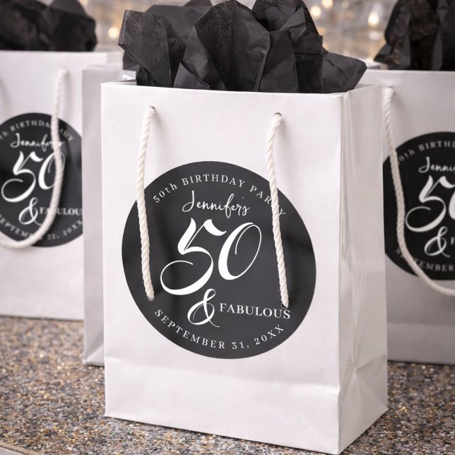 Modern Elegant Black White Fifty Fabulous Birthday Runder Aufkleber (Von Creator hochgeladen)