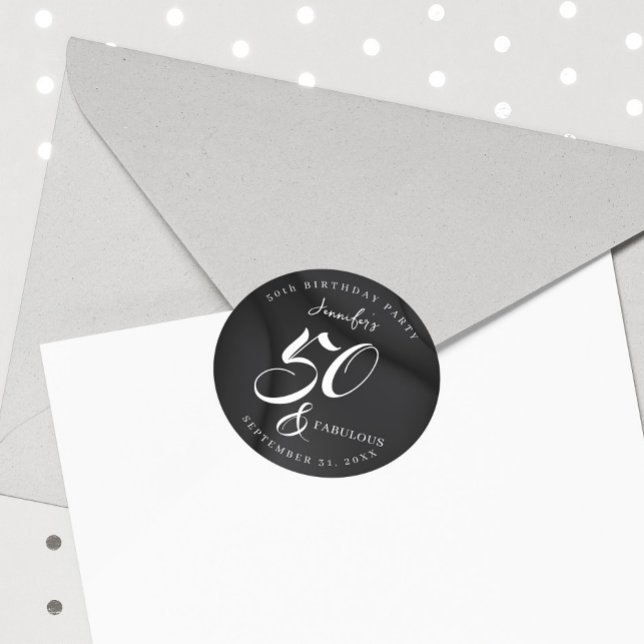 Modern Elegant Black White Fifty Fabulous Birthday Runder Aufkleber (Von Creator hochgeladen)