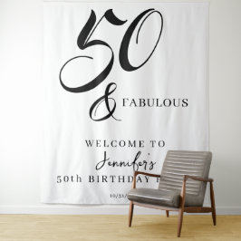 Modern Elegant Black White Fifty Fabulous Birthday Wandteppich