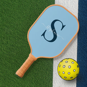 Modern Elegant Blue Monogram Initial + Name Pickleball Schläger