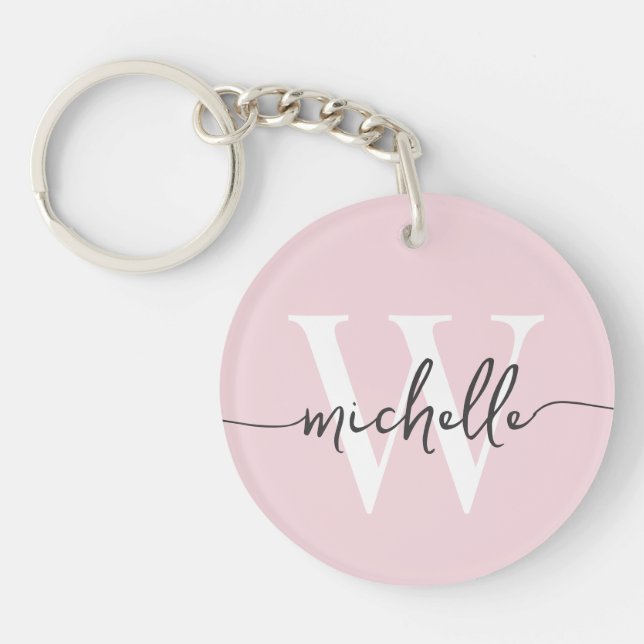 Modern Elegant Blush Pink Monogram Name Script Schlüsselanhänger (Vorderseite)
